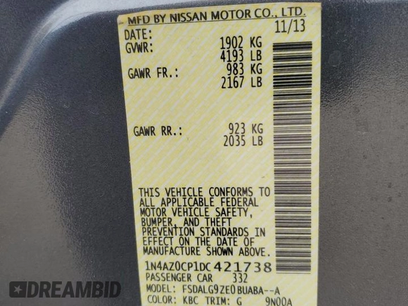 2013 Nissan LEAF S with VIN 1N4AZ0CP1DC421738, listed as a Copart auction lot 55237555 with 60,851 mi miles and Salvage title. Bid and sale history available at DreamBid. Image 14.