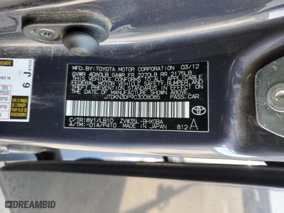 2012 Toyota Prius Plug-In with VIN JTDKN3DP9C3008085, listed as a Copart auction lot 53116595 with 299,220 mi miles and Salvage Title. Bid and sale history available at carsss.com. Image 12.