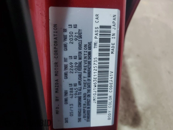 2014 Mazda 6 i Grand Touring with VIN JM1GJ1W63E1125735, listed as a Copart auction lot 48177725 with Not Provided miles and Salvage Title. Bid and sale history available at DreamBid. Image 12.