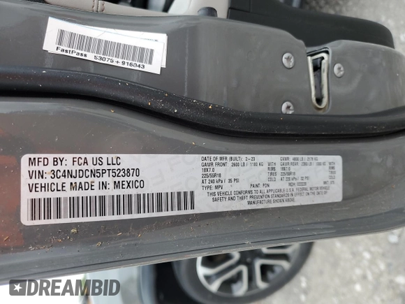 2023 Jeep Compass Limited с VIN 3C4NJDCN5PT523870, выставлен на аукционе Copart как лот 58393075 с пробегом 41 350 миль миль и Списание • Salvage title. История ставок и продаж доступна на DreamBid. Изображение 12.