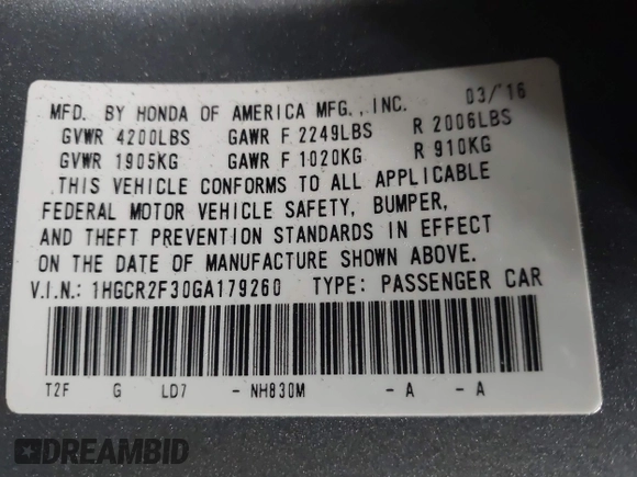 2016 Honda Accord LX with VIN 1HGCR2F30GA179260, listed as a IAAI auction lot 41662887 with 114,023 mi miles and . Bid and sale history available at DreamBid. Image 9.