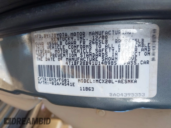 2001 Toyota Avalon XL w/Bucket Seats with VIN 4T1BF28B91U148985, listed as a IAAI auction lot 41538121 with 161,474 mi miles. Bid and sale history available at carsss.com. Image 9.