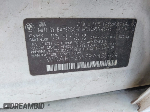 2009 BMW 3 Series 328i with VIN WBAPH53579A435694, listed as a IAAI auction lot 40175091 with Not provided miles and . Bid and sale history available at DreamBid. Image 9.