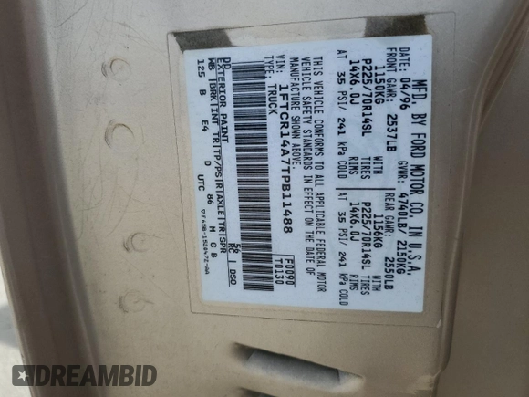 1996 Ford Ranger XL with VIN 1FTCR14A7TPB11488, listed as a Copart auction lot 56602345 with 177,214 mi miles and Salvage title. Bid and sale history available at DreamBid. Image 12.