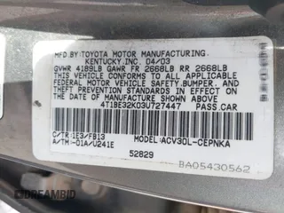 2003 Toyota Camry LE with VIN 4T1BE32K03U727447, listed as a IAAI auction lot 42118785 with 325,881 mi miles and . Bid and sale history available at DreamBid. Image 9.