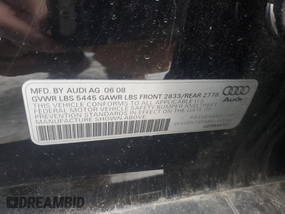 2008 Audi A6 z VIN WAUDV74F68N154086, wystawiony jako Copart lot #42341265 z przebiegiem Nie podano mil oraz Szkoda całkowita • Salvage title. Historia ofert i sprzedaży dostępna na DreamBid. Obrazek 12.