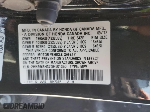 2013 Honda CR-V LX with VIN 2HKRM3H37DH501360, listed as a Copart auction lot 48679215 with 125,071 mi miles and Salvage Title. Bid and sale history available at carsss.com. Image 16.
