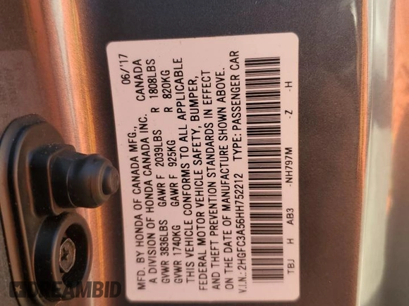 2017 Honda Civic Si with VIN 2HGFC3A56HH752212, listed as a Copart auction lot 52446995 with 134,218 mi miles and Salvage Title. Bid and sale history available at DreamBid. Image 12.
