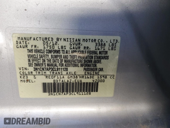 2012 Nissan Versa SV with VIN 3N1CN7AP3CL911128, listed as a Copart auction lot 51076254 with 67,286 mi miles and Salvage Title. Bid and sale history available at carsss.com. Image 12.