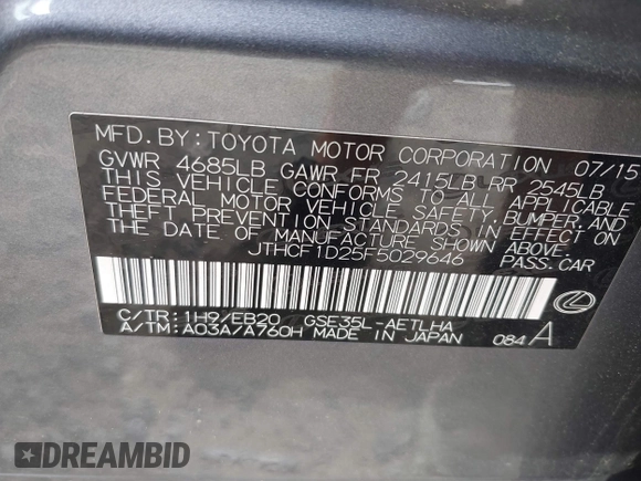 2015 Lexus IS 250 with VIN JTHCF1D25F5029646, listed as a IAAI auction lot 42170729 with 84,509 mi miles and . Bid and sale history available at DreamBid. Image 9.