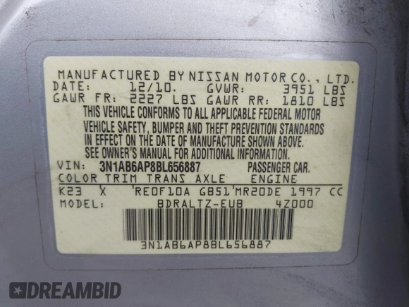 2011 Nissan Sentra SL with VIN 3N1AB6AP8BL656887, listed as a IAAI auction lot 42659398 with 160,855 mi miles and . Bid and sale history available at DreamBid. Image 9.