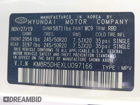 2020 Hyundai Palisade Limited with VIN KM8R5DHEXLU097166, listed as a IAAI auction lot 41480825 with 79,500 mi miles and . Bid and sale history available at DreamBid. Image 9.