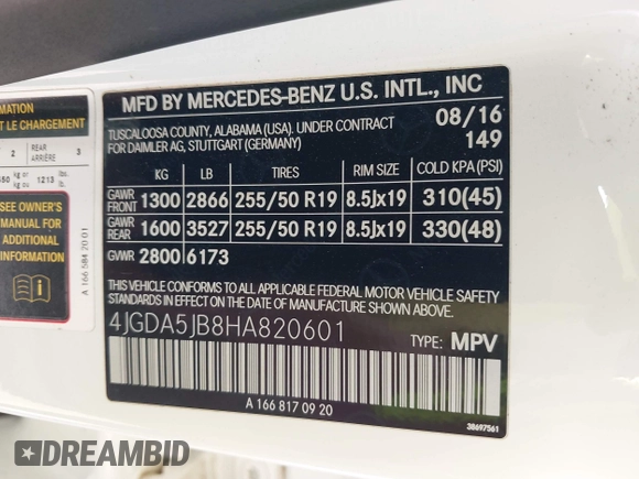 2017 Mercedes-Benz GLE 350 with VIN 4JGDA5JB8HA820601, listed as a IAAI auction lot 42569303 with 162,364 mi miles and . Bid and sale history available at DreamBid. Image 9.
