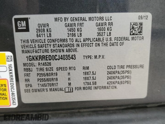 2012 GMC Acadia SLT1 with VIN 1GKKRRED0CJ403543, listed as a Copart auction lot 50642815 with 179,495 mi miles and Clean Title. Bid and sale history available at carsss.com. Image 13.