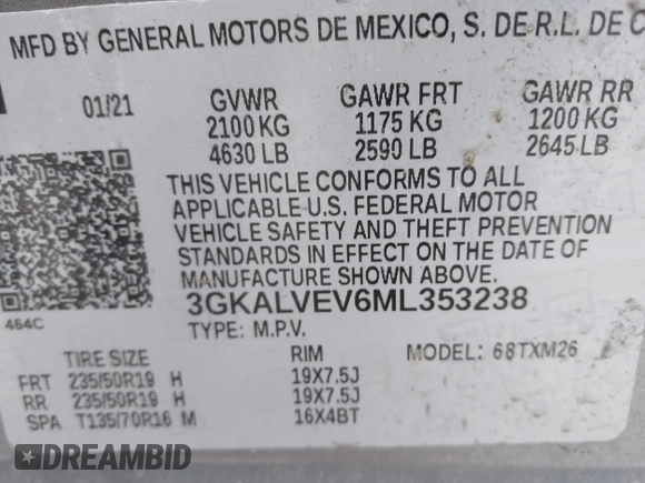2021 GMC Terrain SLT with VIN 3GKALVEV6ML353238, listed as a IAAI auction lot 41539486 with 84,661 mi miles and . Bid and sale history available at DreamBid. Image 9.