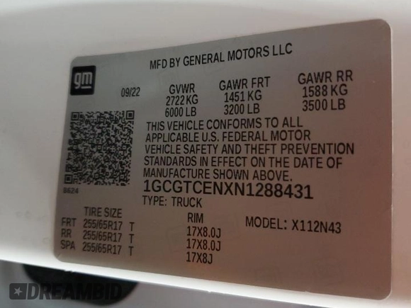 2022 Chevrolet Colorado 4WD LT with VIN 1GCGTCENXN1288431, listed as a Copart auction lot 51446895 with 46,582 mi miles and Salvage title. Bid and sale history available at DreamBid. Image 12.