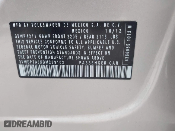 2013 Volkswagen Jetta SE z VIN 3VWDP7AJXDM239102, wystawiony jako IAAI lot #42306088 z przebiegiem 189 620 mil mil oraz . Historia ofert i sprzedaży dostępna na DreamBid. Obrazek 9.