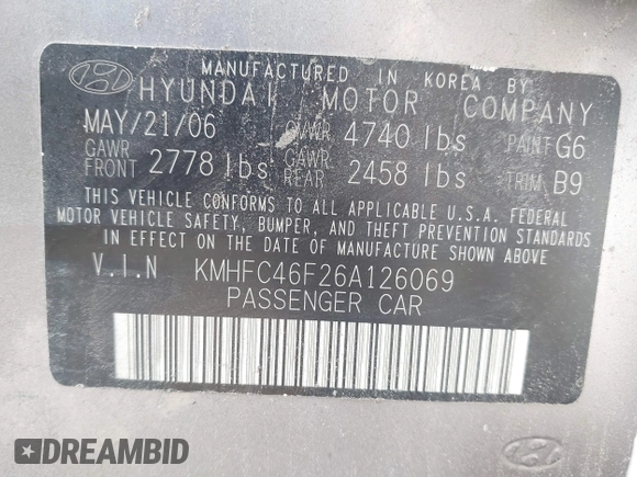 2006 Hyundai Azera SE with VIN KMHFC46F26A126069, listed as a IAAI auction lot 42480770 with Not provided miles and . Bid and sale history available at DreamBid. Image 9.