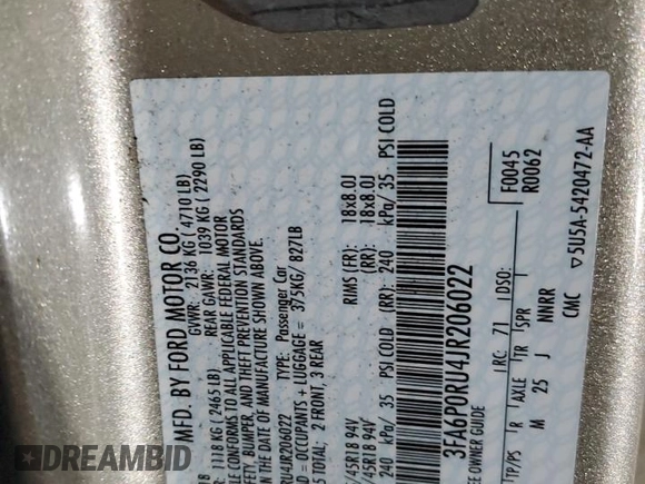 2018 Ford Fusion Hybrid Titanium with VIN 3FA6P0RU4JR206022, listed as a Copart auction lot 73208162 with 0 mi miles. Bid and sale history available at carsss.com. Image 14.