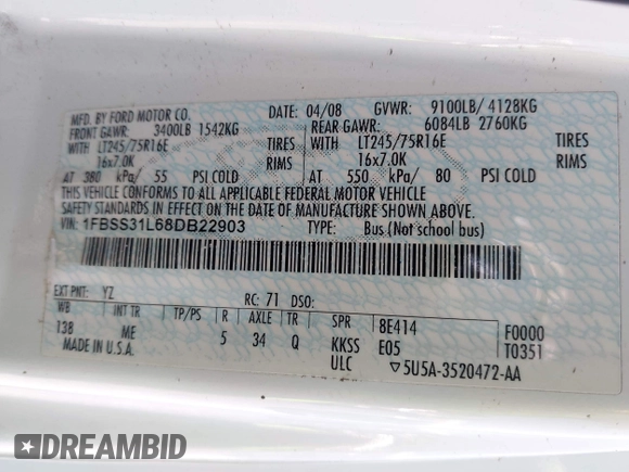 2008 Ford Econoline Passenger XL with VIN 1FBSS31L68DB22903, listed as a IAAI auction lot 42105920 with 116,502 mi miles and . Bid and sale history available at DreamBid. Image 9.