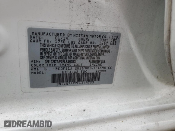 2014 Nissan Versa S with VIN 3N1CN7AP7EL849753, listed as a Copart auction lot 77336083 with 51,478 mi miles and Salvage Title. Bid and sale history available at carsss.com. Image 13.