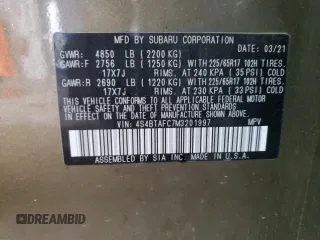 2021 Subaru Outback Premium with VIN 4S4BTAFC7M3201997, listed as a Copart auction lot 55116555 with 84,770 mi miles and Salvage Title. Bid and sale history available at DreamBid. Image 12.