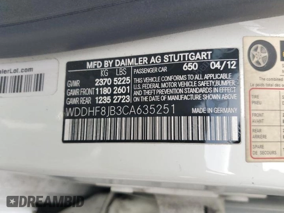 2012 Mercedes-Benz E 350 Luxury with VIN WDDHF8JB3CA635251, listed as a Copart auction lot 67448924 with 155,449 mi miles and Salvage title. Bid and sale history available at DreamBid. Image 12.