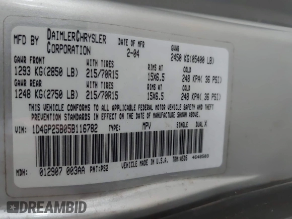 2005 Dodge Caravan SE with VIN 1D4GP25B05B116782, listed as a IAAI auction lot 42477266 with 108,761 mi miles and . Bid and sale history available at DreamBid. Image 9.