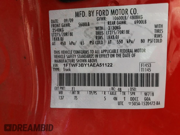 2010 Ford F-350 with VIN 1FTWF3BY1AEA51122, listed as a Copart auction lot 51140175 with 148,830 mi miles and Clean title. Bid and sale history available at DreamBid. Image 12.