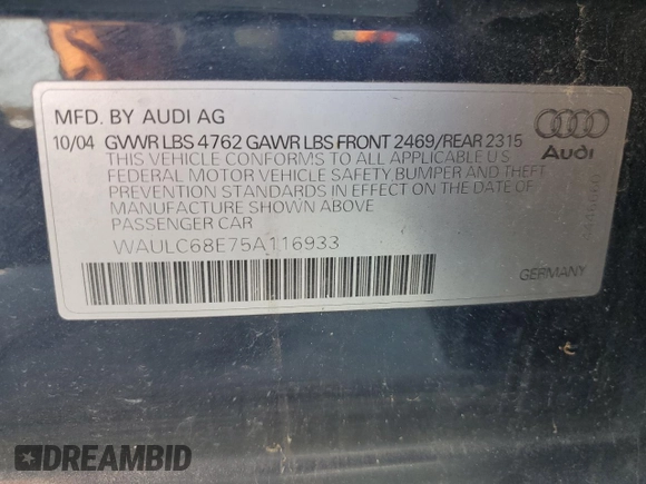2005 Audi A4 SE с VIN WAULC68E75A116933, выставлен на аукционе Copart как лот 78170564 с пробегом 217 181 миль миль и Списание • Salvage title. История ставок и продаж доступна на DreamBid. Изображение 15.