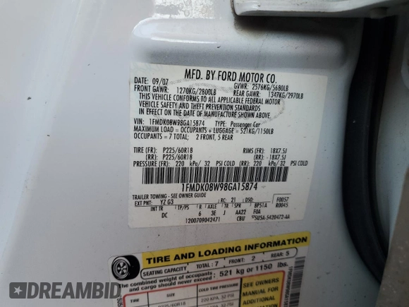 2008 Ford Taurus X Eddie Bauer с VIN 1FMDK08W98GA15874, выставлен на аукционе Copart как лот 42284325 с пробегом 173 513 миль миль и Списание • Salvage title. История ставок и продаж доступна на DreamBid. Изображение 13.
