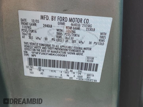 2006 Ford Escape XLT with VIN 1FMYU93146KC00081, listed as a Copart auction lot 56724835 with 243,213 mi miles and Salvage title. Bid and sale history available at DreamBid. Image 13.