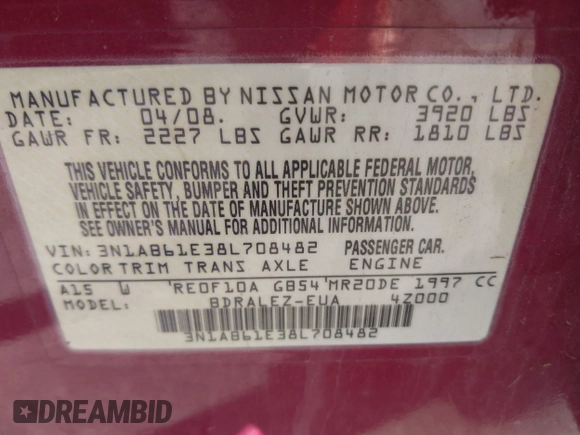 2008 Nissan Sentra S with VIN 3N1AB61E38L708482, listed as a IAAI auction lot 42295040 with Not provided miles and . Bid and sale history available at DreamBid. Image 9.