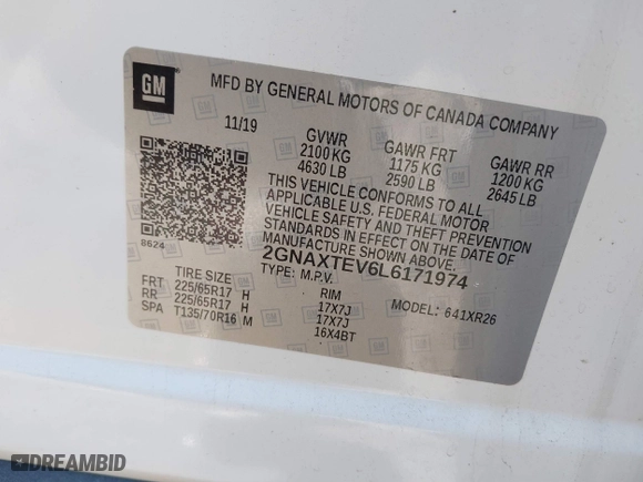 2020 Chevrolet Equinox LT with VIN 2GNAXTEV6L6171974, listed as a IAAI auction lot 41292305 with 72,302 mi miles. Bid and sale history available at carsss.com. Image 9.