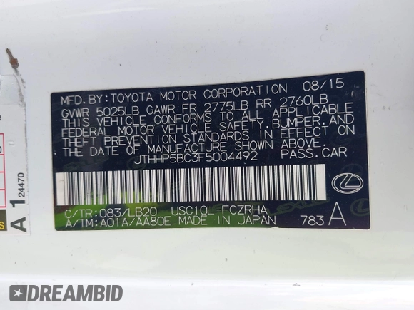 2015 Lexus RC F with VIN JTHHP5BC3F5004492, listed as a IAAI auction lot 42380194 with Not provided miles and . Bid and sale history available at DreamBid. Image 9.