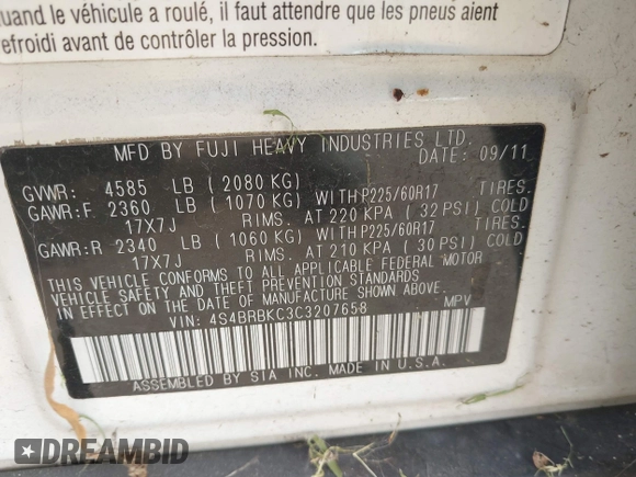 2012 Subaru Outback Limited с VIN 4S4BRBKC3C3207658, выставлен на аукционе IAAI как лот 42004494 с пробегом 138 698 миль миль и . История ставок и продаж доступна на DreamBid. Изображение 9.