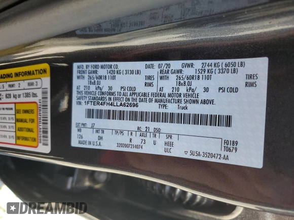 2020 Ford Ranger XL with VIN 1FTER4FH4LLA62696, listed as a Copart auction lot 50915695 with 83,885 mi miles and Salvage Title. Bid and sale history available at carsss.com. Image 12.