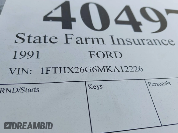 1991 Ford F-250 HD with VIN 1FTHX26G6MKA12226, listed as a IAAI auction lot 40497279 with Not Provided miles. Bid and sale history available at carsss.com. Image 9.