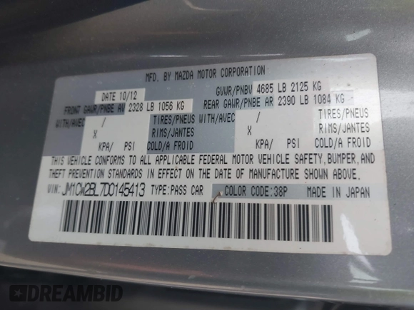 2013 Mazda 5 Sport z VIN JM1CW2BL7D0145413, wystawiony jako IAAI lot #42371598 z przebiegiem 222 115 mil mil oraz . Historia ofert i sprzedaży dostępna na DreamBid. Obrazek 9.