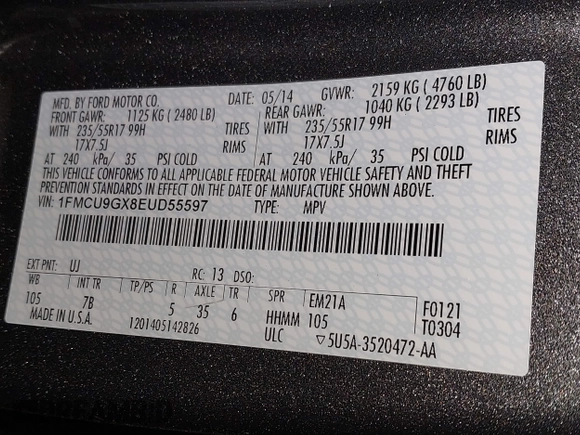 2014 Ford Escape SE with VIN 1FMCU9GX8EUD55597, listed as a IAAI auction lot 41870023 with 150,889 mi miles. Bid and sale history available at carsss.com. Image 9.