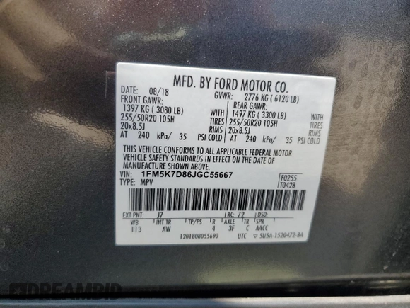 2018 Ford Explorer XLT с VIN 1FM5K7D86JGC55667, выставлен на аукционе Copart как лот 52615085 с пробегом 119 020 миль миль и Списание • Salvage title. История ставок и продаж доступна на DreamBid. Изображение 13.
