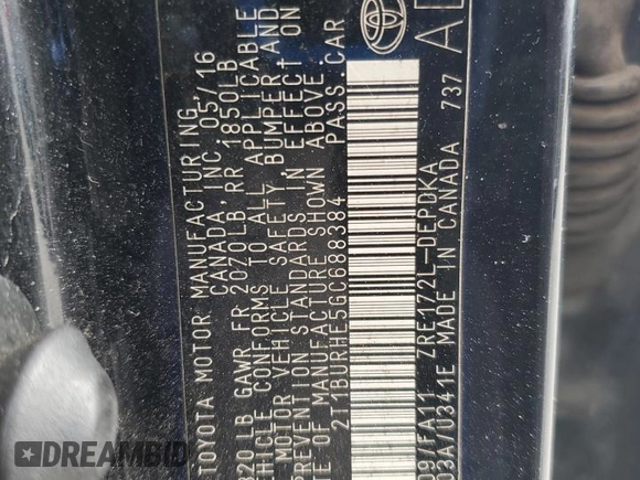 2016 Toyota Corolla L z VIN 2T1BURHE5GC688384, wystawiony jako Copart lot #58585085 z przebiegiem Nie podano mil oraz Szkoda całkowita • Salvage title. Historia ofert i sprzedaży dostępna na DreamBid. Obrazek 12.