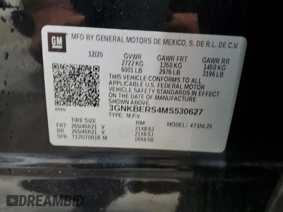 2021 Chevrolet Blazer RS with VIN 3GNKBERS4MS530627, listed as a Copart auction lot 56600235 with 100,684 mi miles and Salvage title. Bid and sale history available at DreamBid. Image 13.