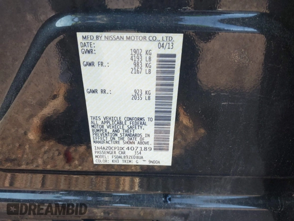 2013 Nissan LEAF SL с VIN 1N4AZ0CP1DC407189, выставлен на аукционе IAAI как лот 41760026 с пробегом 76 023 миль миль и . История ставок и продаж доступна на DreamBid. Изображение 9.
