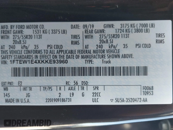 2019 Ford F-150 XL with VIN 1FTEW1E4XKKE93960, listed as a IAAI auction lot 42063323 with 177,650 mi miles and . Bid and sale history available at DreamBid. Image 9.