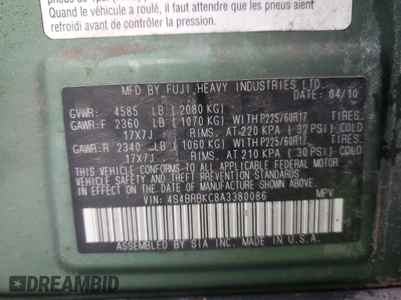 2010 Subaru Outback Limited Power Moon с VIN 4S4BRBKC8A3380086, выставлен на аукционе Copart как лот 86020924 с пробегом 138 456 миль миль и Списание • Salvage title. История ставок и продаж доступна на DreamBid. Изображение 13.