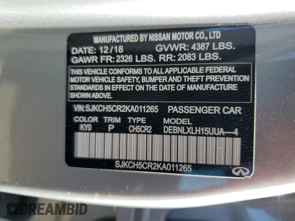 2019 Infiniti QX30 Luxe with VIN SJKCH5CR2KA011265, listed as a Copart auction lot 54603635 with 38,859 mi miles and Salvage title. Bid and sale history available at DreamBid. Image 13.