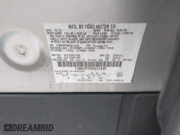 2013 Lincoln MKS EcoBoost with VIN 1LNHL9FT9DG611640, listed as a IAAI auction lot 41131303 with 135,550 mi miles and . Bid and sale history available at DreamBid. Image 9.