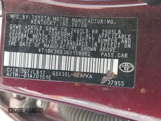 2006 Toyota Avalon XL with VIN 4T1BK36B36U159962, listed as a IAAI auction lot 42013752 with 214,461 mi miles and . Bid and sale history available at carsss.com. Image 9.