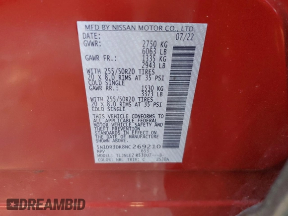 2022 Nissan Pathfinder Platinum with VIN 5N1DR3DK8NC269210, listed as a Copart auction lot 46353535 with 63,491 mi miles and Salvage title. Bid and sale history available at DreamBid. Image 13.